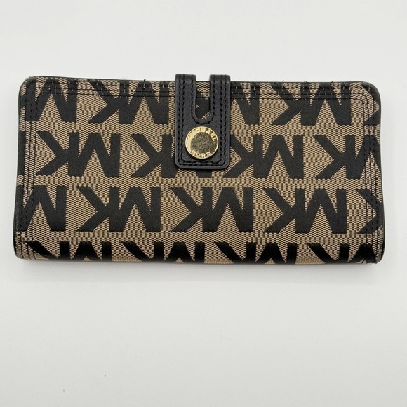 Michael Kors Monogram Wallet Brown Black Canvas Leather Snap Closure - Picture 2 of 9
